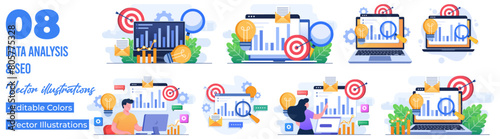 Set of flat illustrations of business performance data analysis, Search engine optimization, Market research chart, Data Analytics, Financial report, Business Strategy, Financial forecast 