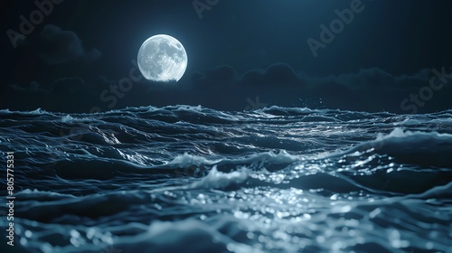 Closeup view in 3D render of ocean waves under a full moon  highlighting the dynamic ripples and the luminous effect on the water