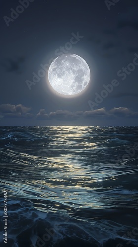 Panoramic 3D illustration of a full moon over the ocean  showing a wide  peaceful sea under moonlit skies with gentle waves
