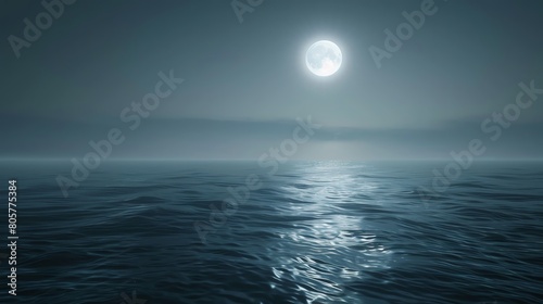 3D render of a full moon casting a silvery light over a calm ocean, creating a tranquil and ethereal seascape at night