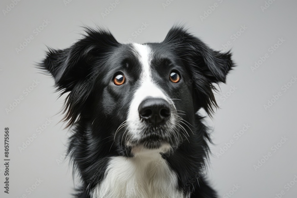 studio headshot portrait of black and white dog tilting head looking forward against a light gray background photo on white isolated background