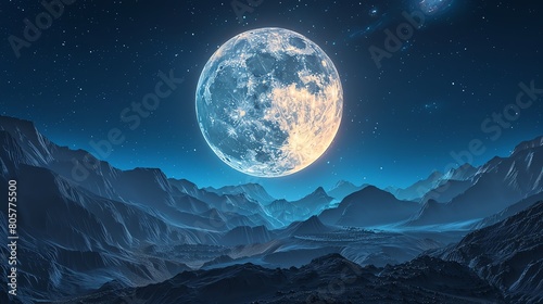 Digital artwork of a full moon over a mountainous landscape  featuring detailed textures and realistic lighting effects in a 3D render
