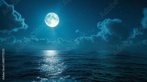 Wide angle shot of the oceans horizon under a full moon, displaying the expansive, glowing waterscape and serene night sky