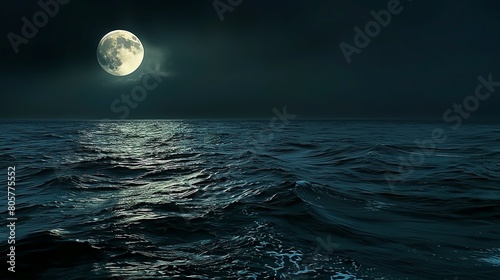 The dramatic contrast between the dark ocean at night and the bright full moon  emphasizing the calm yet powerful nature of the sea