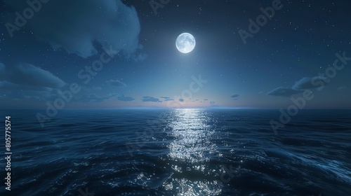Wide angle shot of the oceans horizon under a full moon  displaying the expansive  glowing waterscape and serene night sky