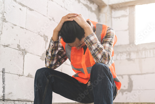 Engineer industry unemployed. Feeling stressed, tired and headache asian man sitting depressed at site job, worker male crisis in factory, fired unemployment from economy, lost job, jobless concept.