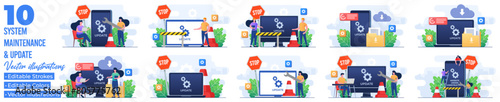 Set of flat illustrations of system maintenance, Error, Fixing trouble, Device updating, Software upgrade, System update, update operation system
