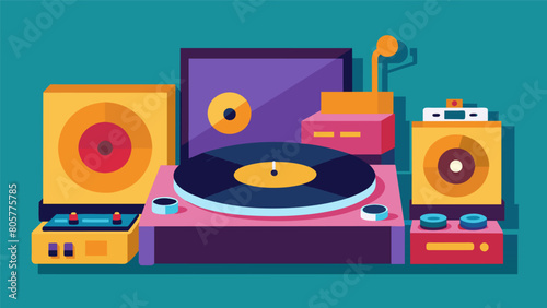 Record players and turntables displayed alongside vinyl a haven for those searching for the perfect vintage setup. Vector illustration