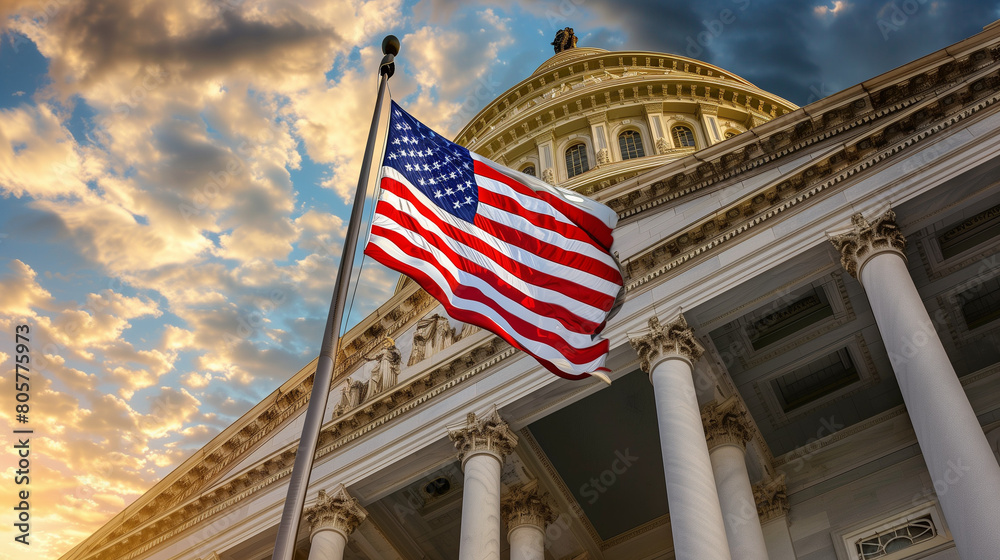 Fototapeta premium American flag flying in front of a magnificent building, Ai generated Images