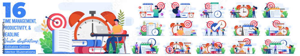 Set of flat illustrations of students preparing for exams, student learning before exam day, Exam deadline with hourglass, deadline, productivity, time management