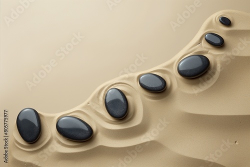 An updraw graph made of smooth, pebble-like buttons, each button a milestone, arranged on a sandy beige background