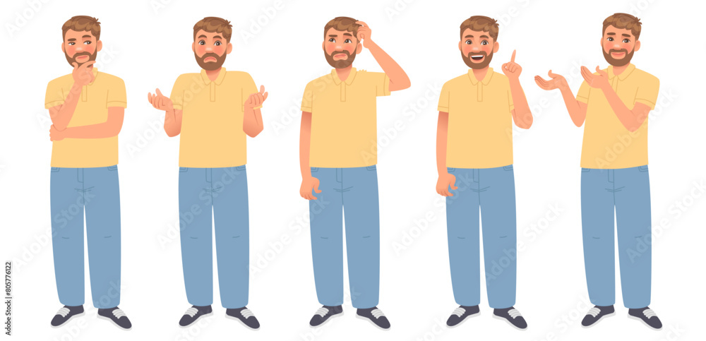 Fototapeta premium Thinking man. A character set of a guy who thinks, chooses, doubts, finds and points to a solution. Vector illustration