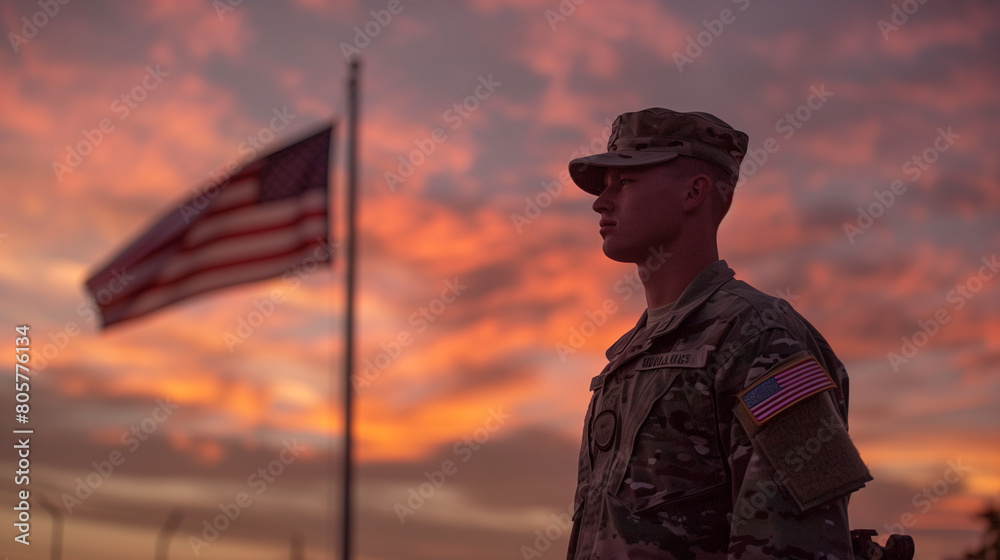 A soldier stands proudly in front of a flying American flag, in celebration of National Loyalty Day, Ai generated Images A soldier stands proudly in front of a flying American flag, in celebration of National Loyalty Day, Ai generated Images
