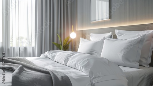 Clean bed. Light bedroom. Modern apartment interior. White sheet, soft pillow, blanket and bedside table. Home, hotel stylish design. Comfortable grey bedding set closeup. Spa resort ad. Rent business © Johannes