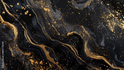 Elevate your design aesthetic with a gold and black liquid background, featuring dynamic flow waves of luxurious gold against a sleek black surface, 