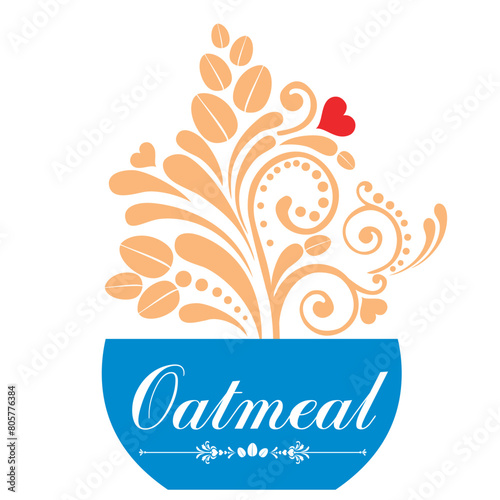 Traditional oatmeal breakfast bowl with milk and sugar. Vector Illustration