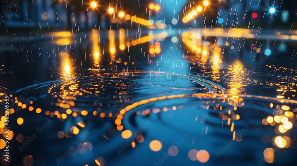 Rainfall on a quiet city street at night, the streetlights reflecting in the water puddles, creating a network of glowing lines and circles against the dark asphalt. 