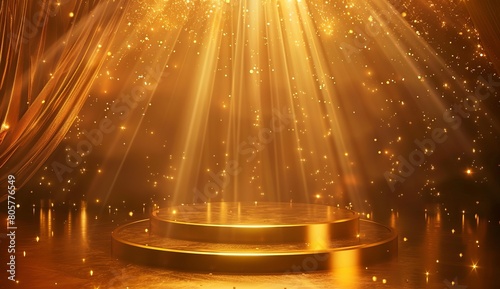Golden background, golden stage with light beams and soft lines. A large podium is in the center of an elegant display stand