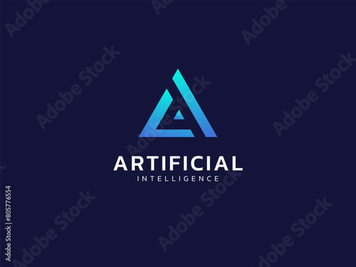 Artificial intelligence with letter A triangle geometric shapes technology Analysis logo vector design concept. AI technology logotype symbol for advance technology, tech company, identity, robot, ui.