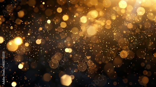 A background of golden lights, glittering like stars in the night sky, floating and dancing on black. The dark background has soft lighting creating bokeh effects that enhance its luxurious feel.