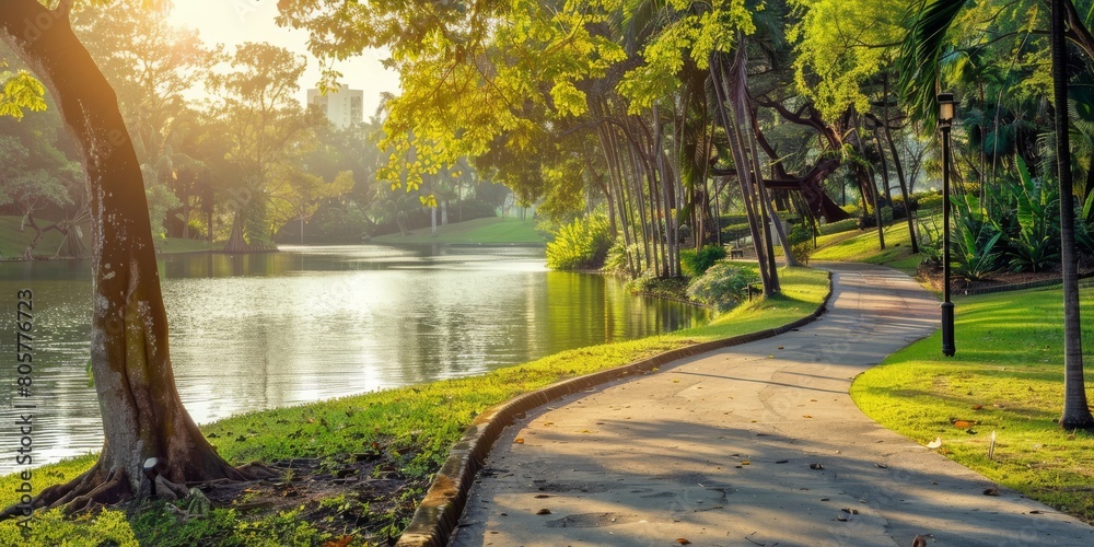 Obraz premium Sunlit pathway leading to a serene lake in a lush park
