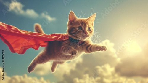 Cute superhero kitty in red cape flying in the sky, hyper realistic  photo