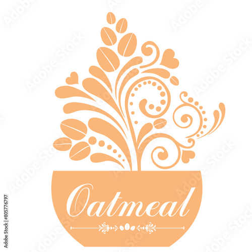 Traditional oatmeal breakfast bowl with milk and sugar.  Vector Illustration