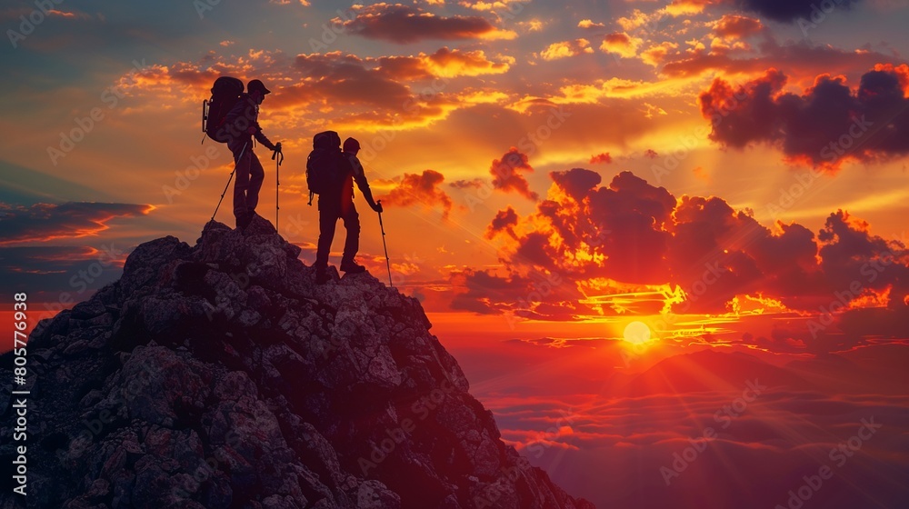 Silhouette of two hikers at the top of mountain with sunset, generative AI