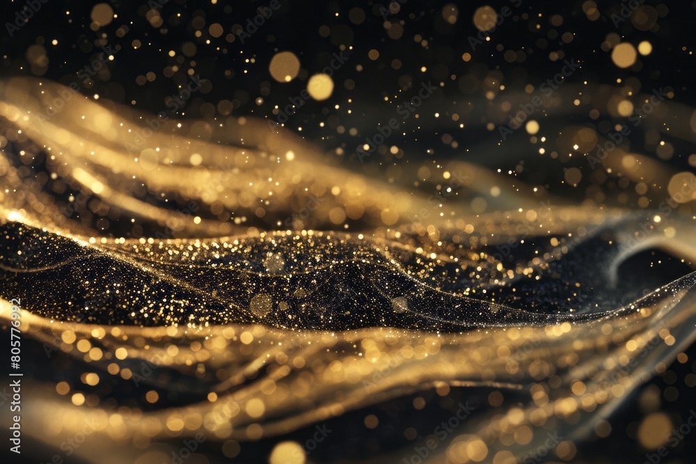 Golden glittering dust swirls on black background, creating an elegant and luxurious atmosphere Golden glittering dust swirls on black background, creating an elegant and luxurious atmosphere