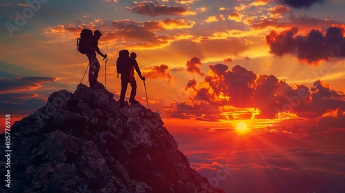 Silhouette of two hikers at the top of mountain with sunset, generative AI © Karn AS Images