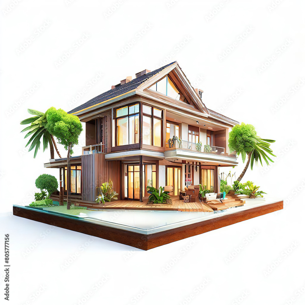 Abandoned wooden house isolated on white background front view, 3D rendering.with Generative AI technology