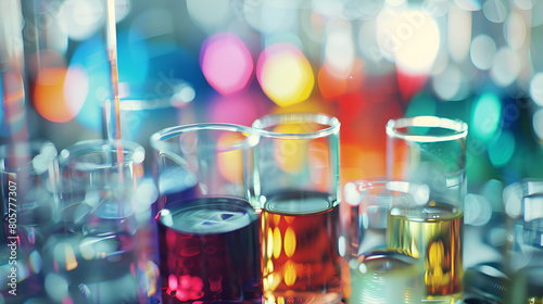 Colorful chemical liquid are divided into several different laboratory glassware photo
