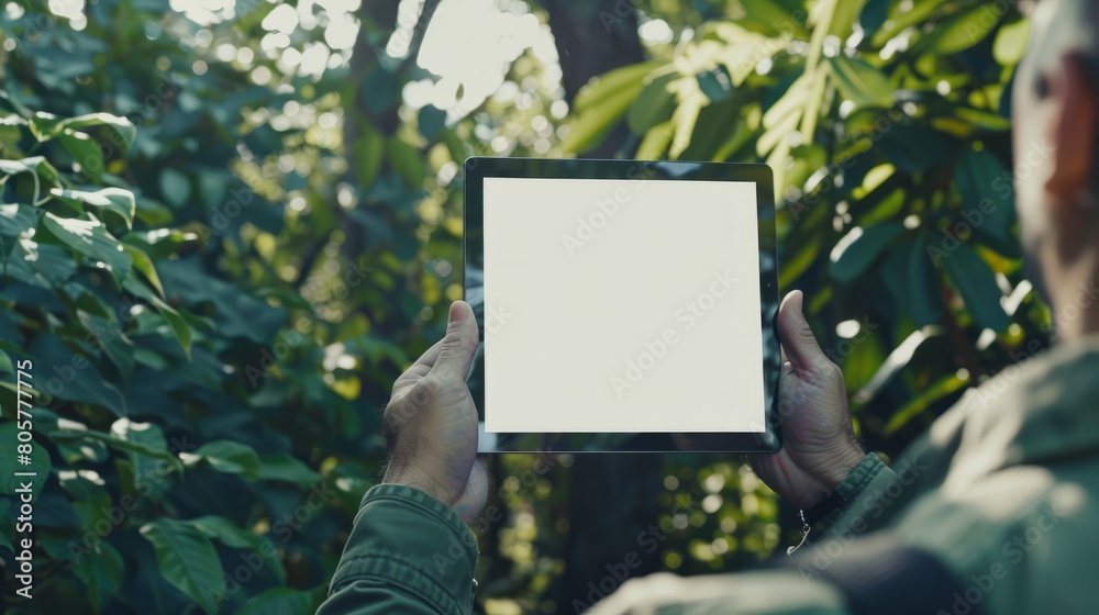 Mockup image of a man holding. tablet pc with blank white desktop screen over green nature background hyper realistic Mockup image of a man holding. tablet pc with blank white desktop screen over green nature background hyper realistic