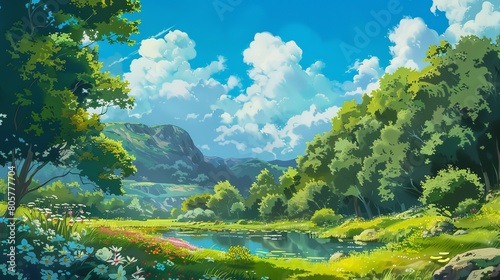 A tranquil natural scene. The foreground features lush greenery  including colorful flowers and tall grass. A calm pond reflects the clear blue sky
