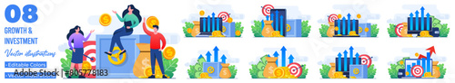 Set of flat illustrations of financial and Investment growth, Passive income, Save money, Profit growth, Business plan strategy, Growth business finance, Financial planning 