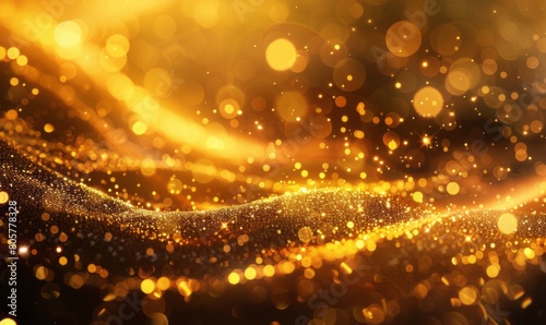 Golden shiny dust swirls and bokeh on a dark brown background