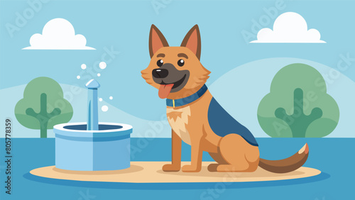 A loyal German shepherd dog happily laps at the bowllike basin of a ceramic fountain the soothing sound of water a calming background noise.. Vector illustration