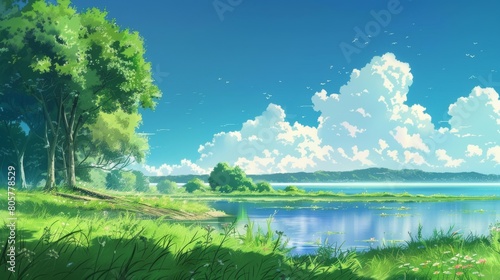 A serene meadow nestled under a bright blue sky adorned with fluffy white clouds. lush green landscape features various types of vegetation  including grasses and blooming flowers