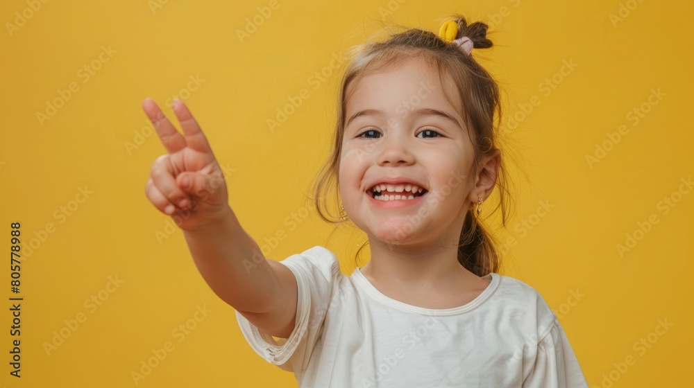 Portrait, studio and happy child pointing hand at space with a smile on face on yellow background. Young girl kid with happiness, carefree and positive attitude to show product placement mockup deal Portrait, studio and happy child pointing hand at space with a smile on face on yellow background. Young girl kid with happiness, carefree and positive attitude to show product placement mockup deal