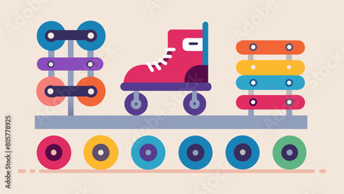 The shop also boasts a collection of roller skate wheels in every color imaginable allowing customers to fully customize their gear.. Vector illustration