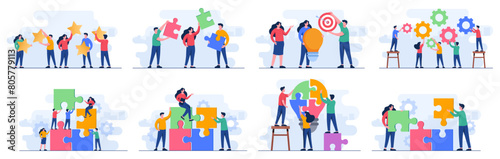 Set of flat illustrations of Teamwork, Partnership, Cooperation, Achievement, Solution, Problem-solving, New idea 