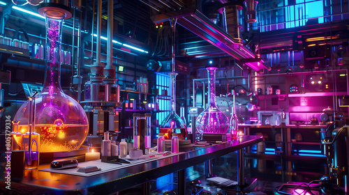  Scifi laboratory with glowing flasks and colorful neon lights