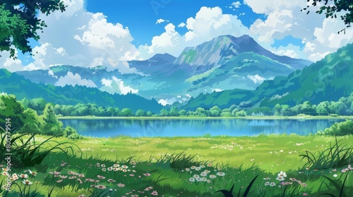 A serene landscape with lush green fields and a clear blue sky. The image depicts open fields, distant mountains, and fluffy clouds, creating a picturesque view of the countryside