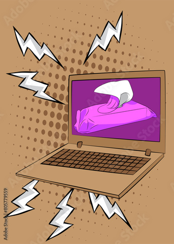 Cartoon Laptop, comic book Notebook with Wet Wipe. Retro vector comics pop art design.