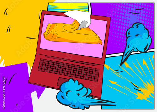 Cartoon Laptop, comic book Notebook with Wet Wipe. Retro vector comics pop art design.