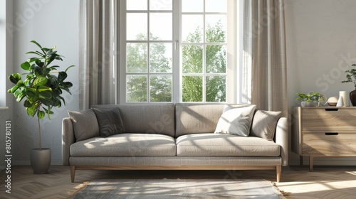 Stylish living room interior with couch and drawer near window. Mockup frame hyper realistic 