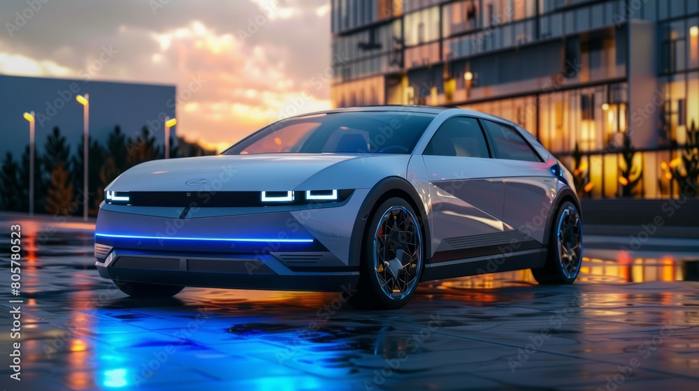 Naklejka premium The concept of a modern electric car with autopilot. AI generated, human enhanced hyper realistic 