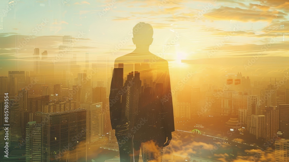 The double exposure image of the business man standing back during sunrise overlay with cityscape image. The concept of modern life, business, city life and internet of things. hyper realistic 