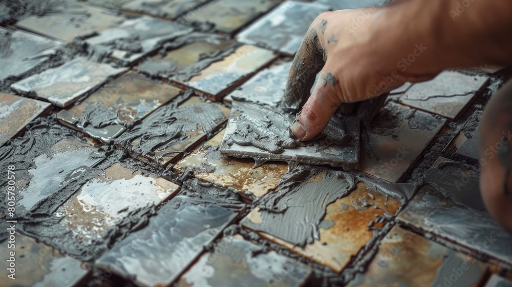 The tiler wipes the tiles after laying hyper realistic The tiler wipes the tiles after laying hyper realistic