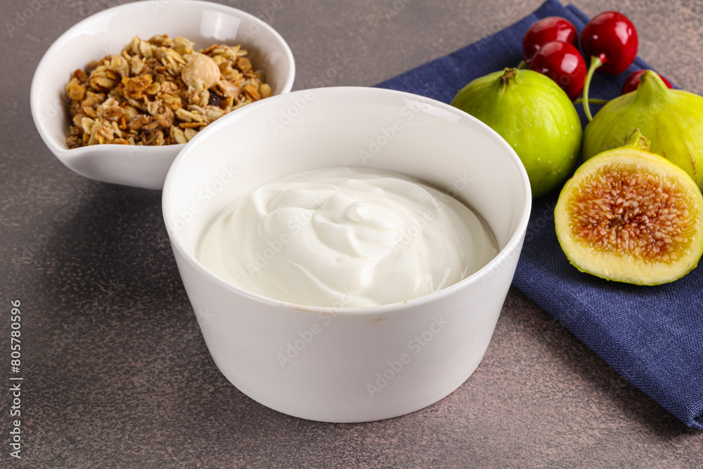 Traditional homemade Greek yoghurt with granola Traditional homemade Greek yoghurt with granola